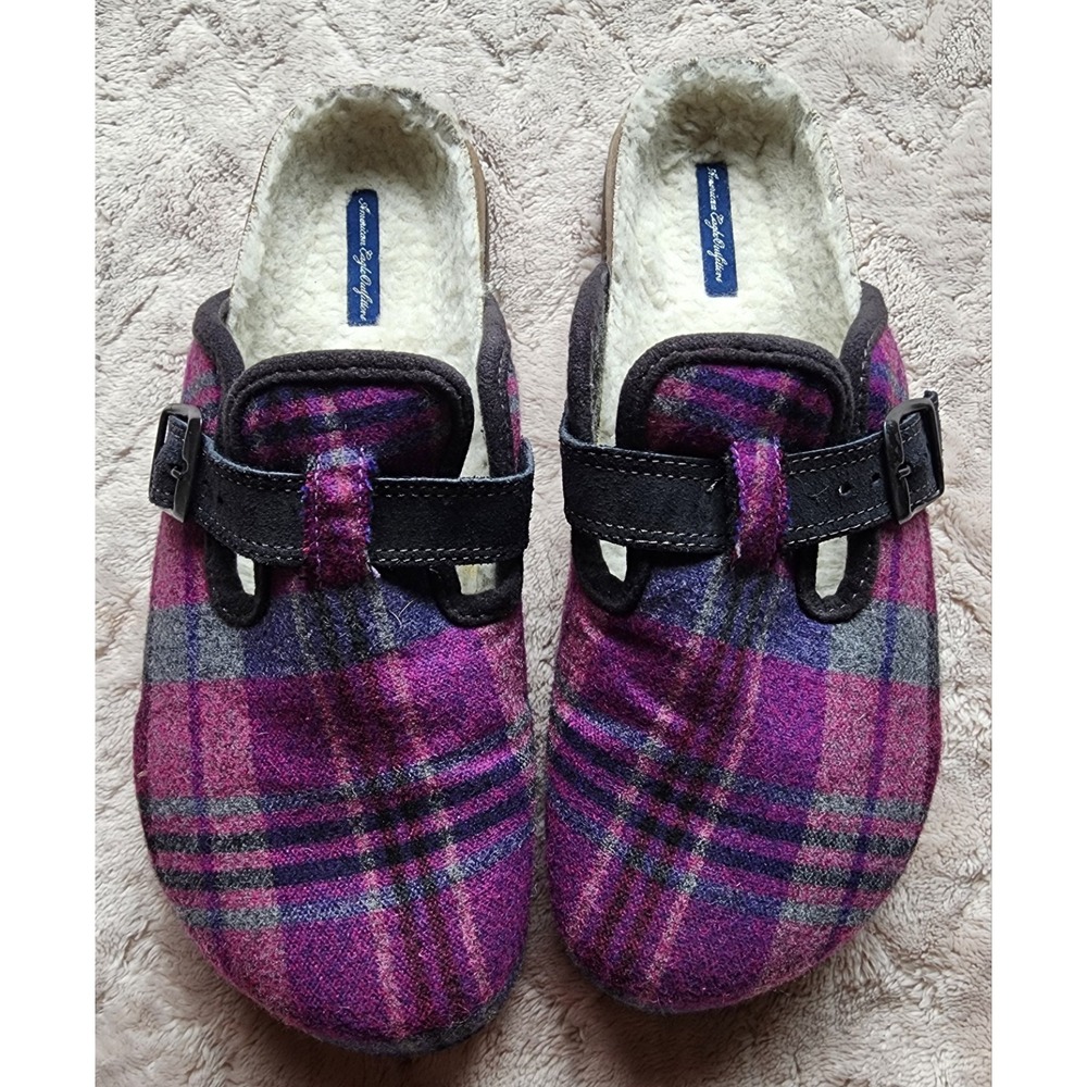American Eagle Purple Plaid Wool Faux Fur Lined Mules Womens 10 1224-9511